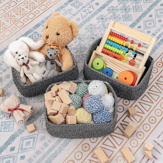 CubesLand Baskets for Organizing,Small Woven Storage Baskets for Shelves | Cute Closet Cube Bins Set 3,Baby Nursery Cube Organizer Toys Basket Bin,Home Decor Organization Bins Mixed Black