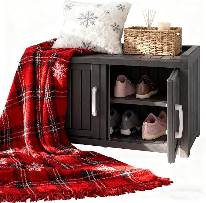 Outdoor Shoe Storage Cabinet, Waterproof UV-Resistant Entryway Storage Bench Indoor Outdoor with 2 Barn Doors, Adjustable Shelves for Entryway, Bedroom, Hallway,Living Room(Jet Black)