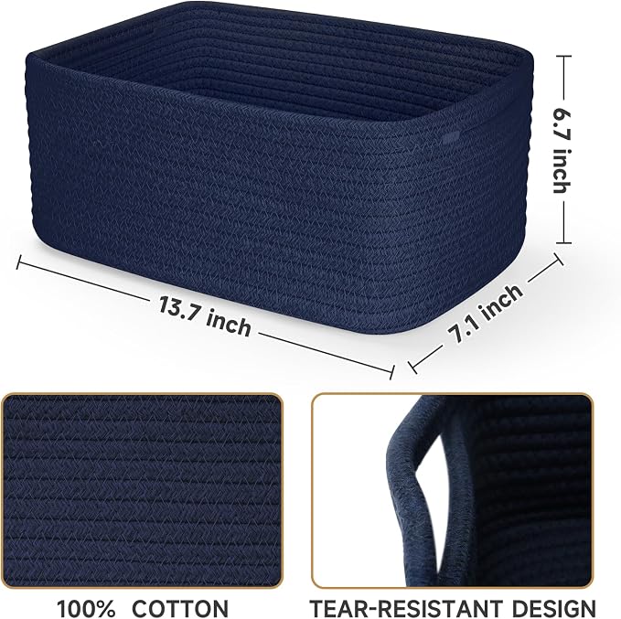3-Pack Storage Baskets for Organizing | Woven Shelf Toy Basket | Rope Baskets for Gifts Empty | Closet Organizer Bins with Handles | Cube Decorative Box | 13.7×7.1×6.7” | Navy Blue