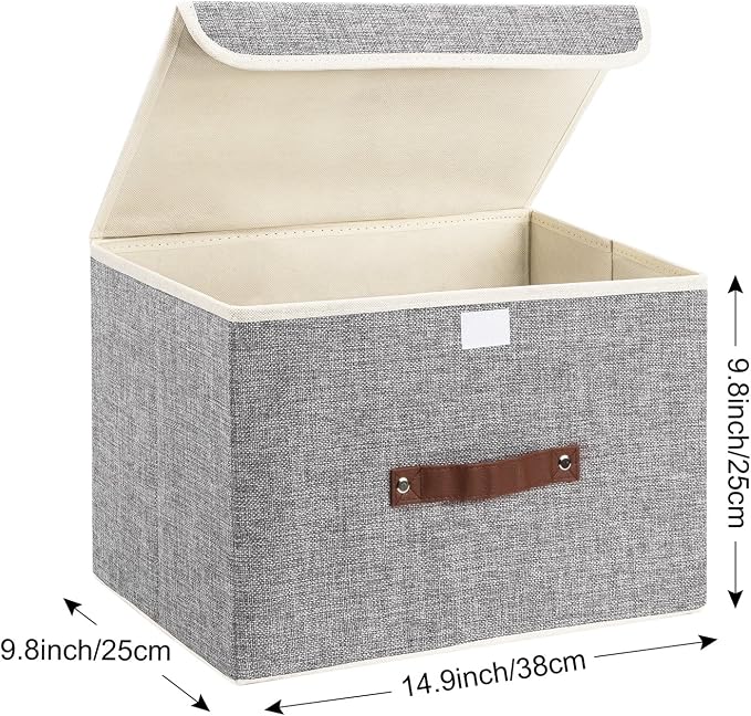 TYEERS Collapsible Storage Boxes, Washable Fabric Storage Bins with Lids, 14.9x9.8x9.8 inches, 3 Pack, Gray