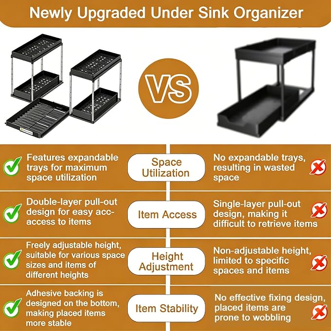 NIUXX Expandable Under Sink Organizer: 2 Tier Height Adjustable | Under Cabinet Organizer - Double Pull Out Shelf Under Sink Storage for Kitchen - Bathroom and Laundry Room - Space Saving