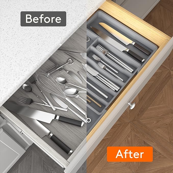 Lifewit Extra Large Silverware Drawer Organizer, Expandable Utensil Tray for Kitchen, BPA Free Flatware and Cutlery Holder, Adjustable Plastic Storage for Spoons Forks Knives, 13-22 x 15, Gray