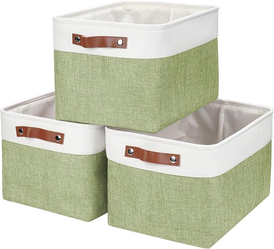 Bagnizer Storage Bins Large Fabric Storage Baskets for Shelves 3 Pack, Decorative Linen Closet Baskets with Handles for Organizing, Shelf, Clothes, Home, Office, 15x11x9.5Inches (Green&White)