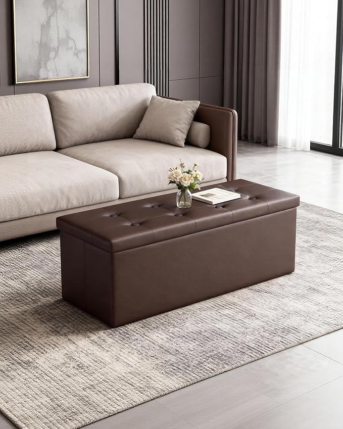 LITZFUR 43" Storage Ottoman Bench, Folding Faux Leather Chest, Brown | Stroage Box with 2 Dividers, Foot Rest Stool, Padded Seat for Bedroom, Entryway, Living Room