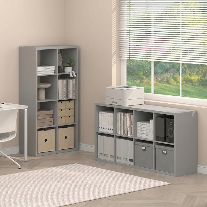 Furinno Cubicle Book Shelf Set of 2, 8-Cube Bookshelf, Light Grey | 14.6 x 30 x 57.9, Thick Frame, Horizontal & Vertical Reversible Bookcase, Open Back, for Living Room, Bedroom, Home Office