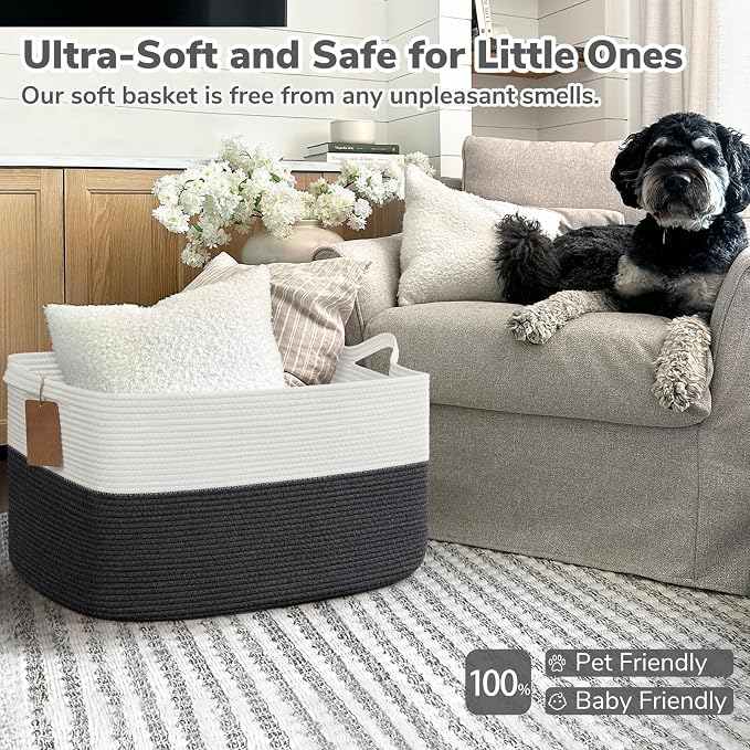 Goodpick Extra Large Rectangle Woven Storage Basket, Dark Gray | 75L, 22 × 17 × 12 in, Reinforced Handles, Blankets, Toys & Clothes Storage, Living Room, Bedroom & Nursery Organization