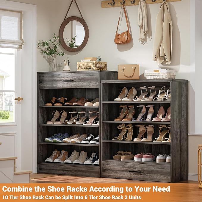 Aheaplus Tall Shoe Cabinet, 10 Tiers Wood Shoe Rack, Vertical Shoe Storage Organizer with 2 Drawers, Narrow Shoe Shelf Tower for 24-28 Pairs, Space Saving, for Closet, Entryway, Bedroom, Black Oak