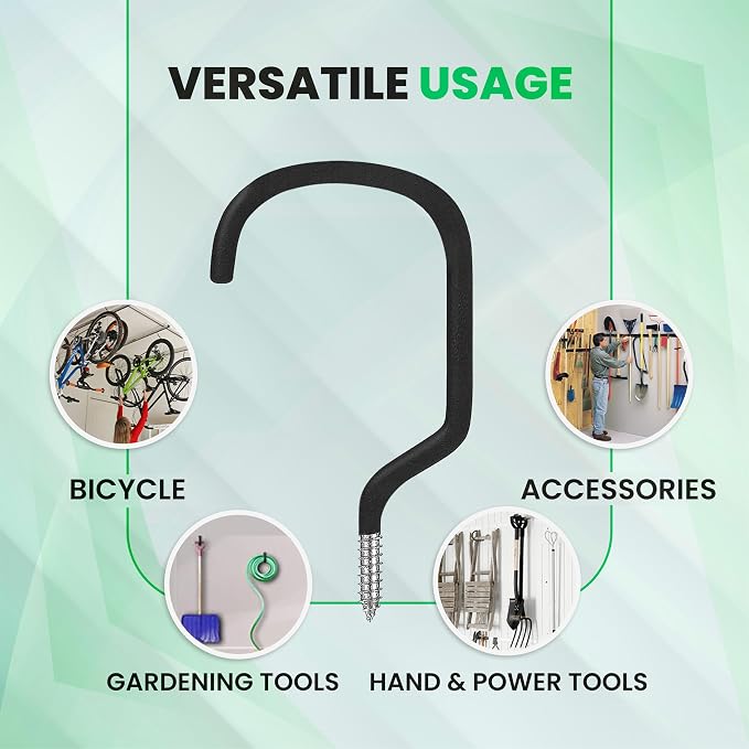 4Pcs Heavy Duty XL Garage Bike Storage and Utility Hooks-8 Inches | Vinyl coated, Anti slip, Stainless steel, Anti rust, Garage Wall, Ceiling Hooks for Hanging Bicycle, Hose, Cord, Garden Tools