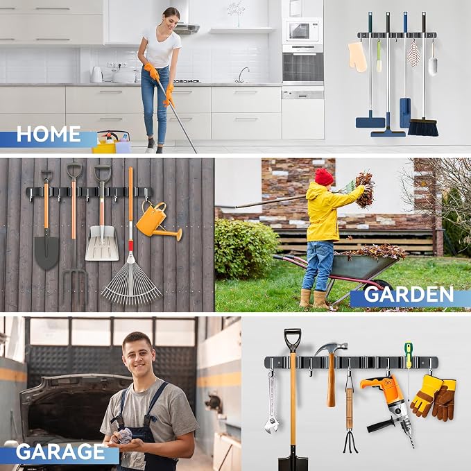 ZONGOOL 2 Pack Mop Broom Holder Wall Mount 4 Racks 5 Hooks Storage Black | 304 Rustproof Stainless Steel Broom Hanger, Non-Slip Wall Mount Organizer, Space Saving For Kitchen, Laundry, Garden