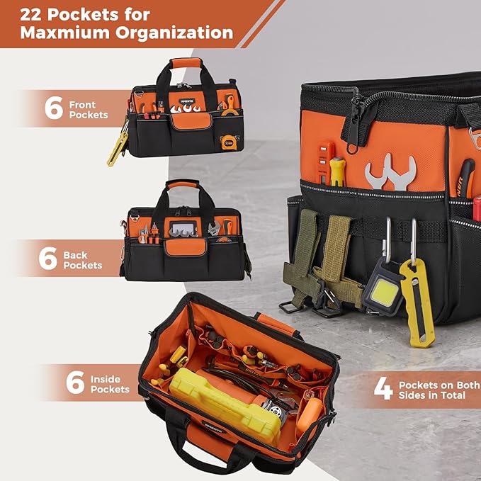 16-Inch Heavy Duty Tool Bag, 22 Pockets Empty Tool Box Organizer Storage, Soft Tote Toolbox Organization Portable Handle Carrying Work Toolbag for Electrician Mechanic, Dad Men Gifts, Orange