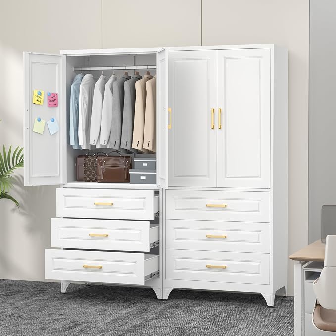 Polup 71" White Metal Armoire Wardrobe Closet with Doors and 3 Drawers | Freestanding Tall Steel Clothing Storage Cabinet, 180lbs Adjustable Shelves, Hanging Rod, for Bedroom, Office, Laundry