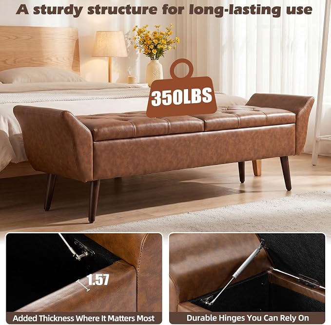 Storage Ottoman Bench 64’’ Leather End of Bed Bench Easy-to-Assemble
