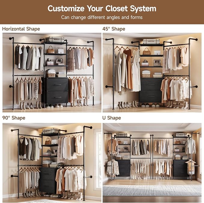 T3 Wall Mounted Industrial Pipe Closet Organizers Storage System | Metal Clothing Rack with 2 Drawers, 6 Wooden Shelves & 4 Expandable Rods, Heavy Duty Garment Rack, Wardrobe (Black)
