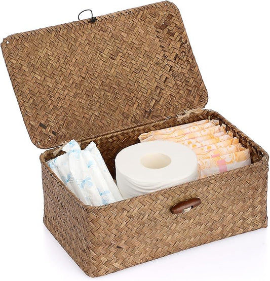 Sumnacon Small Wicker Basket with Lid Rectangle Woven Baskets for Toiletries Tampon Storage,Wicker Storage Basket with Lid,Decorative Seagrass Storage Baskets for Shelf Bathroom Toilet Table,Coffee