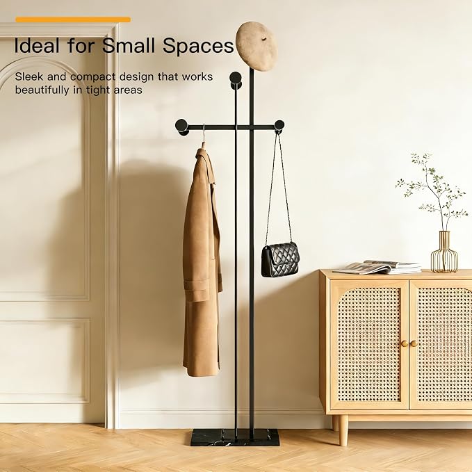 Metal Coat Rack Freestanding for Entryway (Black) | Heavy Duty, Marble Base, Metal Frame, Essential Items Organizer for Clothes Bags, for Bedroom Living Room Hotel