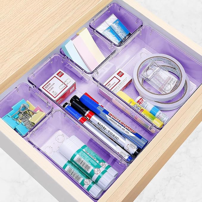 StorMiracle 13 PCS Drawer Organizer Set, 5 Varied Size Bathroom and kitchen Drawer cabinet organizer Trays, Clear Storage Bins for Makeup, Jewelry, Utensils and Gadgets, Purple