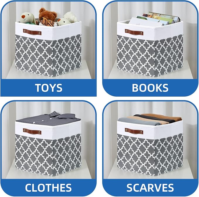 Temary Cube Storage Bins 13x13 - 4 Pack Cube Storage Bins for Shelf with Handles (Grey Lattice)
