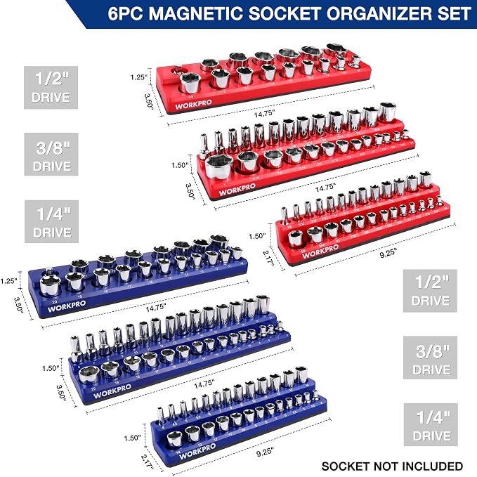 WORKPRO Magnetic Socket Organizer Set, 6-Piece Metric SAE Socket Holder Set | 1/4", 3/8", 1/2" DR Socket Trays, Holds 143-Piece Sockets, Suitable for Standard and Deep Sockets, Sockets not Included