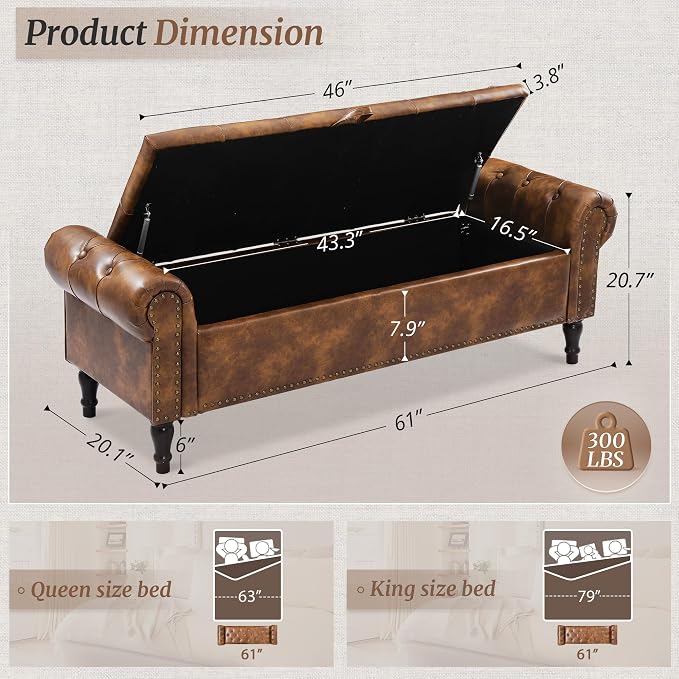 Storage Bench Ottoman, 61" Faux Leather Rolled Arm Bedroom End of Bed Bench, Window Bench with Button Tufted and Nailhead Trim for Foot of Bed Bench, Bedroom, Entryway, King Size, Brown