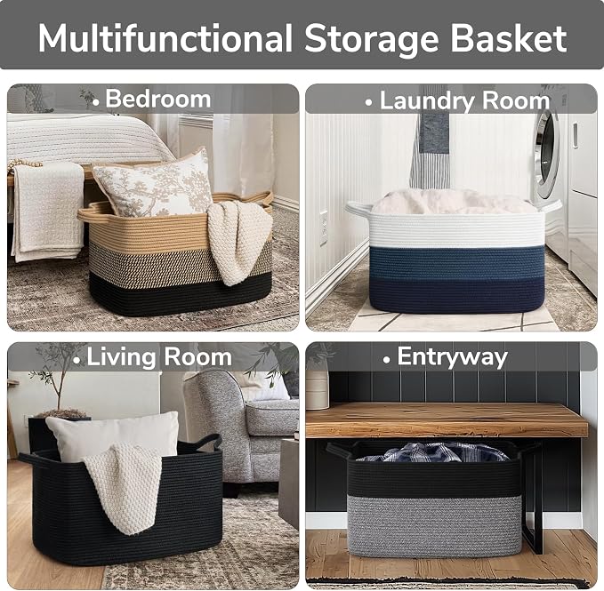Goodpick Large Woven Blanket Basket, Rectangle Toy Organizer, Black & Gray | 21.6 x 14.9 x 11.8 in, Reinforced Handles, Toys, Blankets & Nursery Essentials Storage, Living Room & Bedroom Organization
