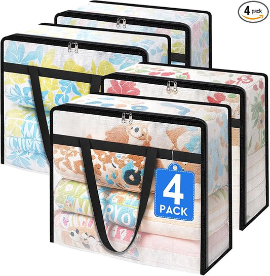 TasticTotes 4 Pack Clear Storage Bags for Comforter, Clothes & Bedding, 60L | Plastic Blanket Storage with Zipper & Handle, Foldable Moving Bags, Closet Organizer and Under-Bed Storage Containers