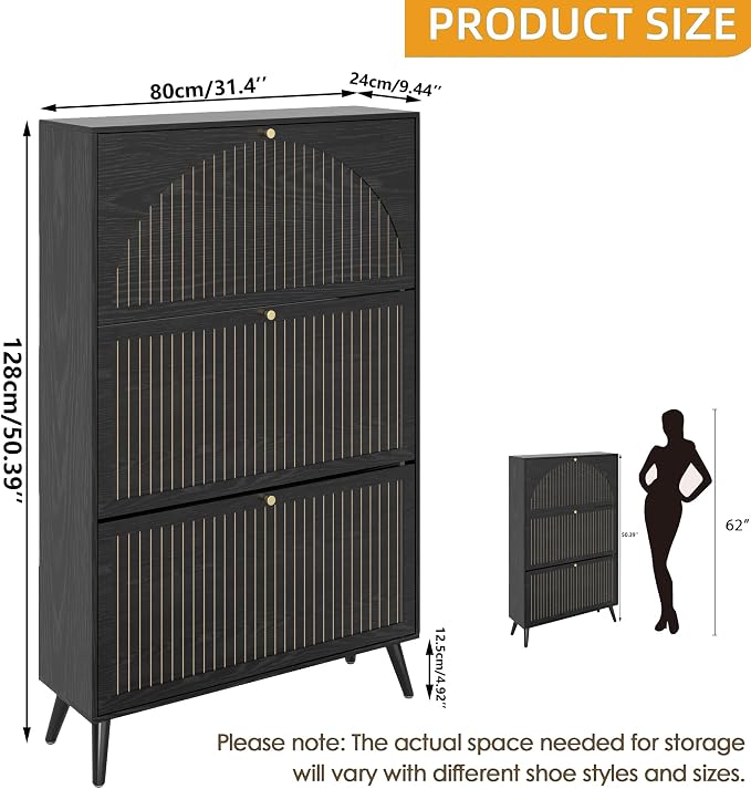 Fsbecl Shoe Storage Cabinet for Entryway with 3 Fluted Flip Drawers, Black | Narrow Design, Freestanding Shoe Rack with Adjustment Shelves, Wooden Hidden Organizer for Hallway Foyer, 18-24 Pairs