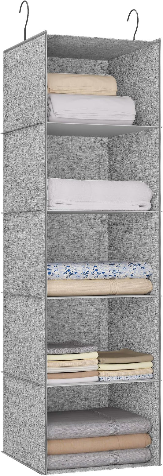 Hanging Closet Organizer 5-Shelf, Oxford Linen Wardrobe Storage, Gray | Easy-mount foldable design holds clothes, handbags, shoes & accessories; washable Oxford fabric, sturdy and space-saving.