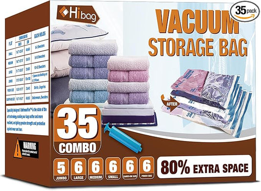 Vacuum Storage Bags, Space Saver Vacuum Seal Storage Bags 35-Pack Sealer Bags for Clothes, Clothing, Bedding, Comforter, Blanket (35C) | Various Size, Airtight Triple Seal, Save 80% Space, Hand Pump, Work with Vacuum, Double Zip, Reusable, Easy to Use