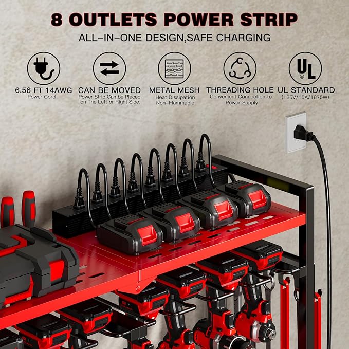 NattyDot Power Tool Organizer Cart with Charging Station, 8 Drills, Red | Freestanding Power Tool Cart Holds 8 Drills; Charging Station Powers Batteries while Sturdy Shelves Organize Garage Gear
