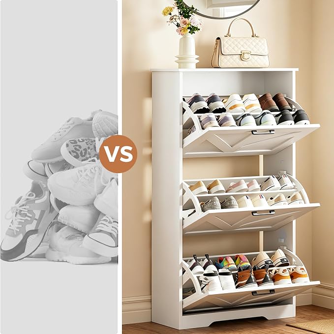 Homleke Farmhouse Shoe Cabinet for Entryway, 3 Barn-Style Flip Drawers | Narrow Shoe Storage Organizer, Top Display Shelf, Adjustable Shelves, Shoe Rack, for Hallway Closet, 24" Wide, White