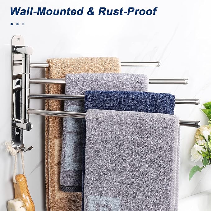 NearMoon Swivel Towel Rack, 13.8" Thicken 304 Stainless Steel 4-Arm Towel Bar, Space Saving Wall Mounted Towel Holder with Hook, Rustproof Swing Out Towel Hanger for Bathroom, Kitchen (Chrome Finish)