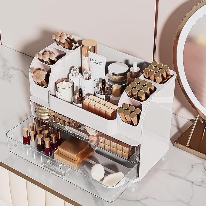 Delamu Large Makeup Organizer Countertop with 6 Brush Holders, Makeup Organizers for Vanity with 2 Large Drawers, Easy to Store Skincare, Lipsticks, Nail Polishes, Perfumes, Eyeshadow Palettes, White