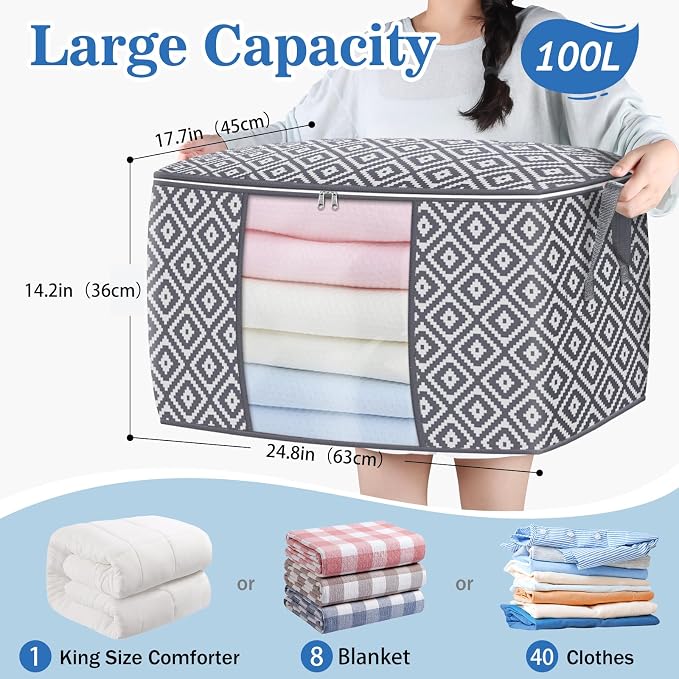 100L 2 Pack Storage Bags, Foldable Clothes Bins with Clear Window, Gray | 100L 2 Pack Storage Bags, Foldable Clothes Bins with Clear Window, Gray