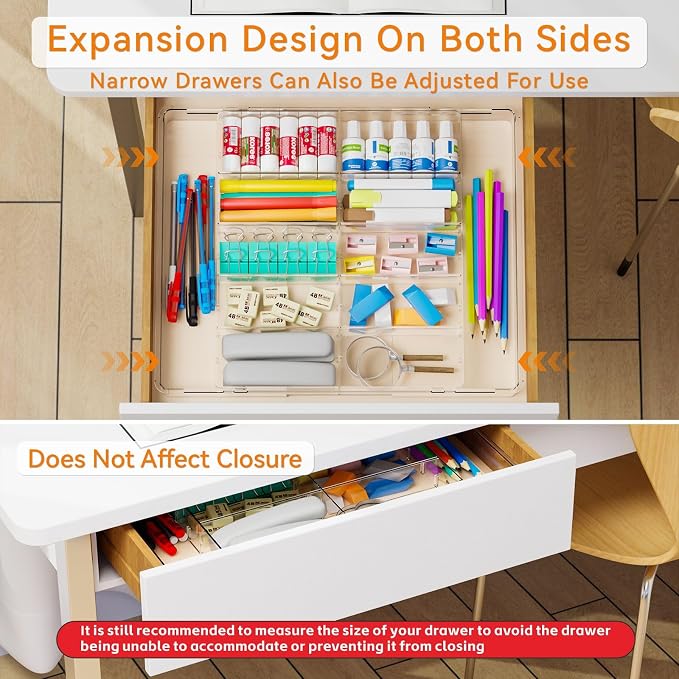 Yieach Large Expandable Desk Drawer Organizer Tray for Office Supplies and Accessories With 12 Adjustable Compartments,Office Drawer Organizers for Pencil,Pen and Kitchen Junk Drawer Organizer,Clear