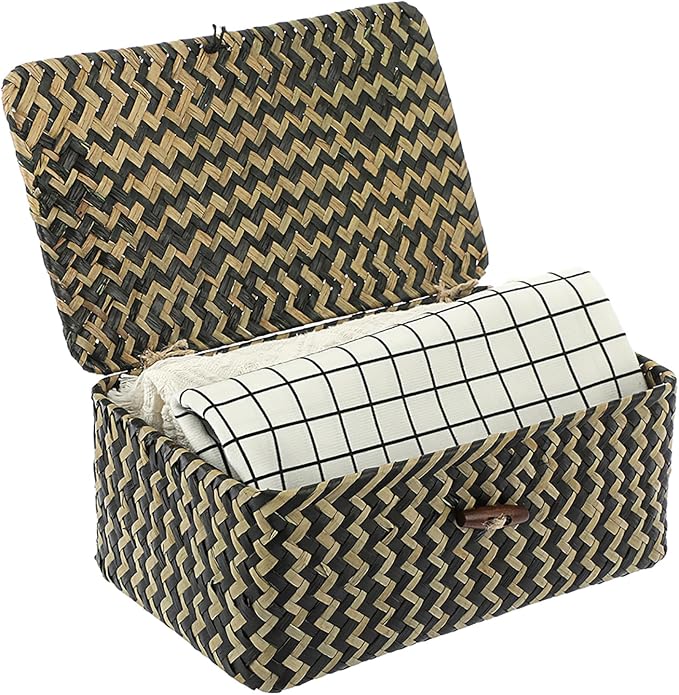 Hipiwe Seagrass Storage Baskets with Lid Woven Wicker Storage Bins for Organizing Natural Rectangular Home Organizer for Bedside Living Room Entryway Table,10.2" x 6.3" x 3.9"