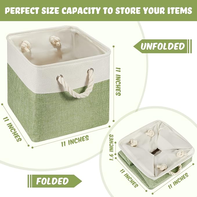 Geiserailie 6 Pcs 11 x 11 Inch Cube Storage Bins Fabric Storage Organizer Bins Foldable Cube Baskets with Sturdy Carry Handles Wicker Baskets for Home (Green,White)