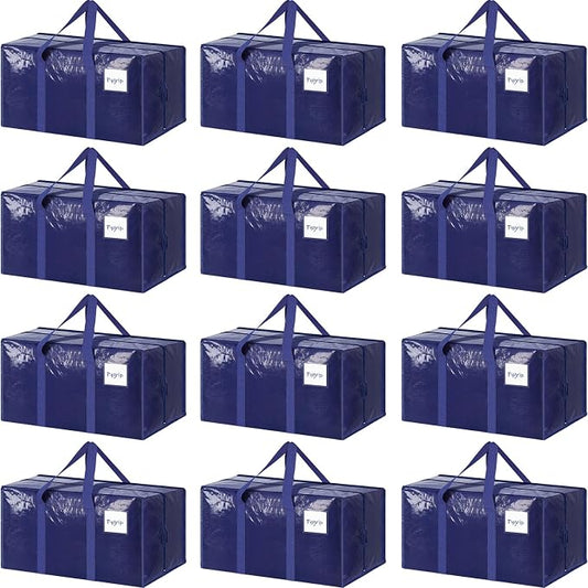 12 Pack Extra Heavy Duty Large Moving Bags with Strong Zipper & Comfortable Handles, Sturdy & Durable Clothes Storage Bags Totes Bins, Packing Moving Boxes for College Supplies, Dark Blue