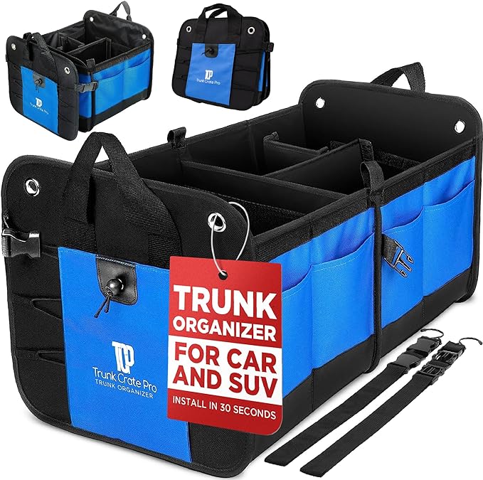 Blue Car Cargo Trunk Organizer for SUV & Auto Storage, Large | Fits Cars, SUVs & Trucks Organizes Sports Gear Keeps Cargo Secure Easy Everyday Storage Space-Saving Car Accessories