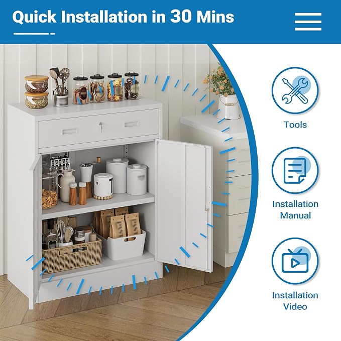 Metal Storage Cabinet, 36" Locking Cabinet with Adjustable Shelves for Garage, Office (White, 1 Drawer)