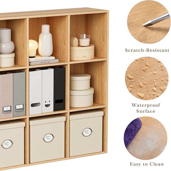 VDNEND Wooden Storage Organizer with Closed Back Panel, 11in Cube Shelf Opening, Bookshelf, Display Shelf,Closet Cabinet for Home and Office (Natural Oak, 9-Cube 35.98L*9.45W*35.91H)