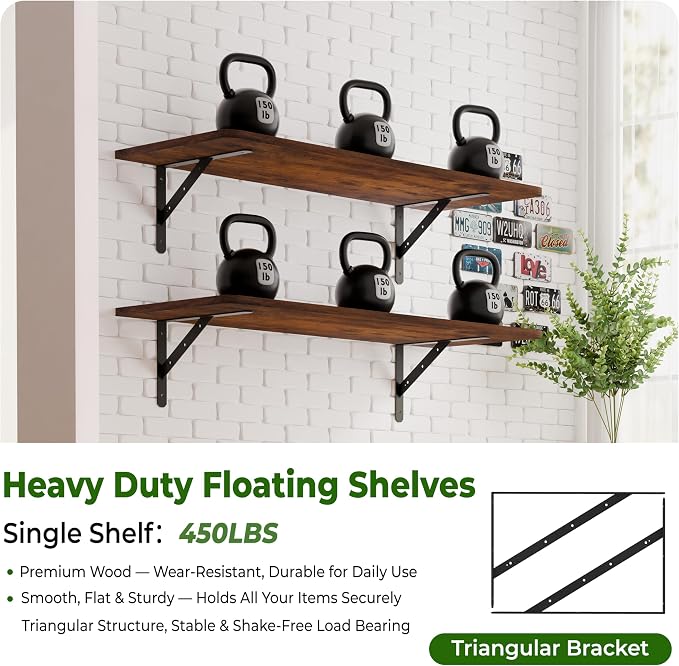 Dogsky 2-Pack Garage Storage Shelving Wall Mounted, 4x2Ft (48x24In) Heavy Duty Wood Floating Wall Shelf, 500lbs Capacity Shelves for Garage, Closets, Utility Rooms and Kitchens, Burn Yellow