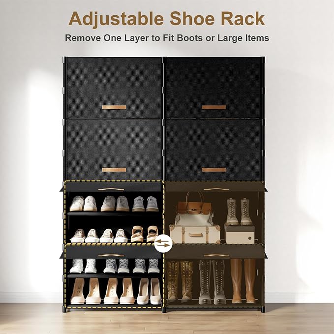 2 by 9 Tier Shoe Cabinet, 54-Pair Storage for Closet,Black | Max capacity for large families. Remove layer for boots. Split into 2 units. Door blocks dust & pets.