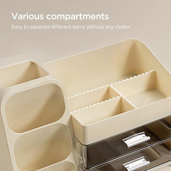 HBlife Desk Organizer with Pen Pencil Holder for Desk, Pen Organizer with 2 Drawers, Desk Organizers and Accessories with 4 Compartments, Desktop Storage for Office Home School Art Supplies, Beige