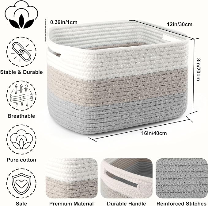 4 Pack Large Storage Baskets for Organizing, 16''Lx12''Wx8''H Woven Baskets for Storage Toys, Towels, Books, and Clothes, Cotton Rope Basket for Shelves with Handle