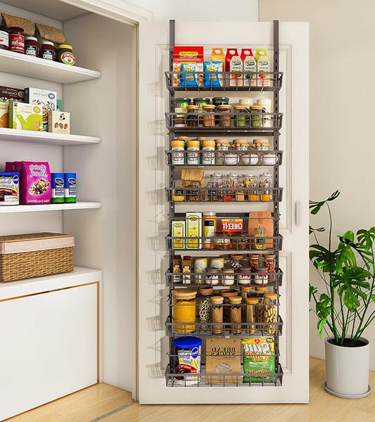 Mefirt Over The Door Pantry Organizer, Wall Mount Spice Rack 8-Tier Black | Pantry Hanging Storage and Organization, Adjustable Baskets Heavy-Duty Metal for Home & Kitchen, Back of Door Seasoning Rack