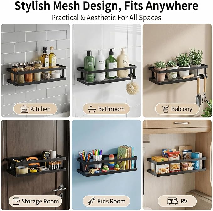 PUSDON 2-Pack Minimalist Shower Caddy Wall Mount, Open Frame Bathroom Shelf Organizer with Mesh Base, Rustproof Floating Spice Rack for Kitchen, Holds 50 LBS, 4 Hooks - Matte Black, Guardrail