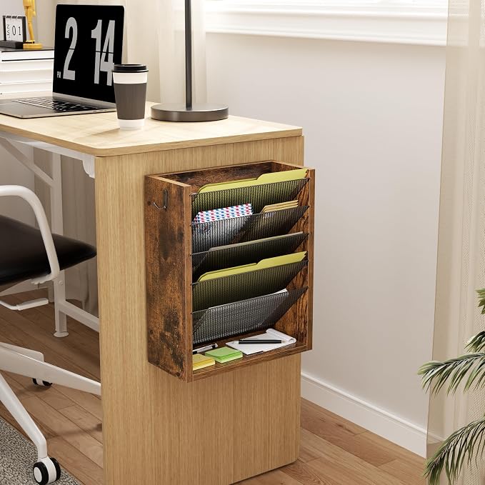 Mail Organizer Wall Mounted, 6-Slot Hanging File Organizer with Key Holder | Mail Sorter, Wood Letter Holder for Envelopes Bills Magazine Folders Papers Accessories for Home Office, Rustic Brown