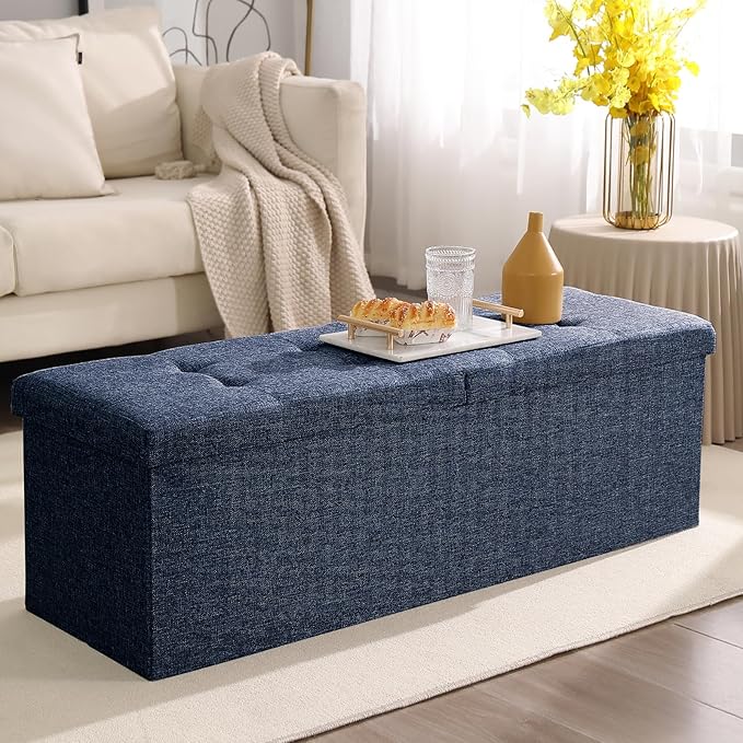 45.3 Inches Ottoman Bench With 166L Storage Space - Foldable Seat Footrest Shoe Bench for End of Bed - Flipping Lid, Linen Fabric, Navy