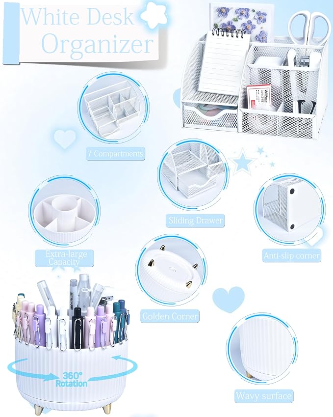 White Desk Accessories and Organizers with Desk Organizer and 360°Rotating Pen Holder stapler Pen and a Lot of Office White Office Supplies Beautifully Presented in a Gift Box