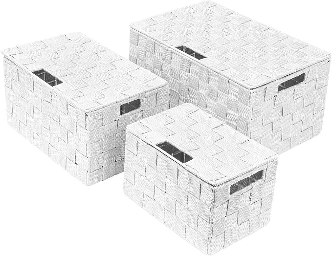 Sorbus Set of 3 Hand-Woven Storage Baskets with Lids – Decorative Wicker Organizers for Home, Closet, or Shelves (White)